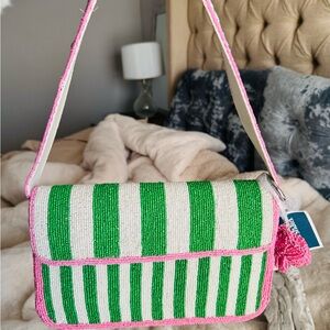 Marshalls Green and White Beaded Shoulder Bag with Pink Trim